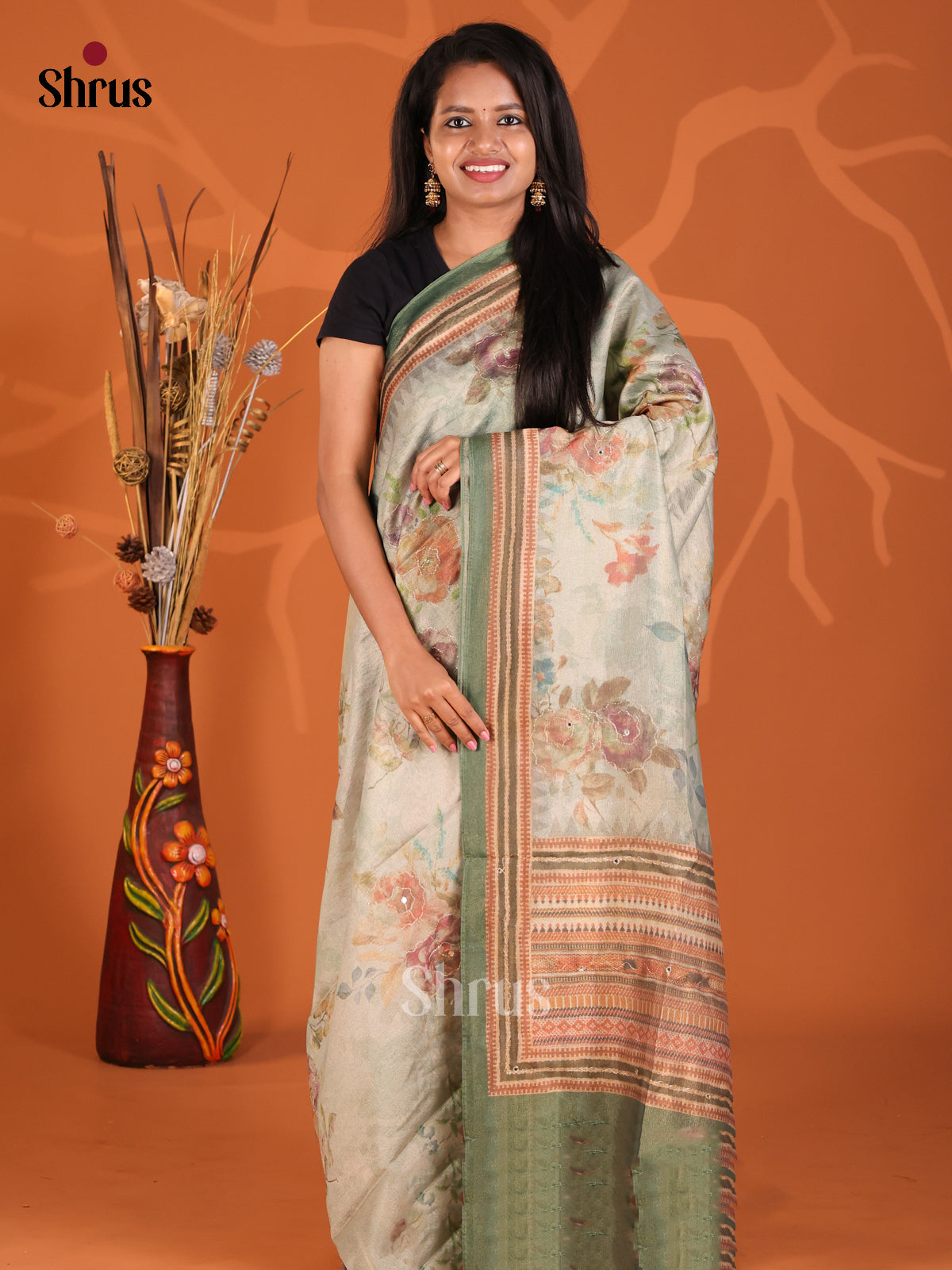 Pastel Green - Semi Tissue Print Saree
