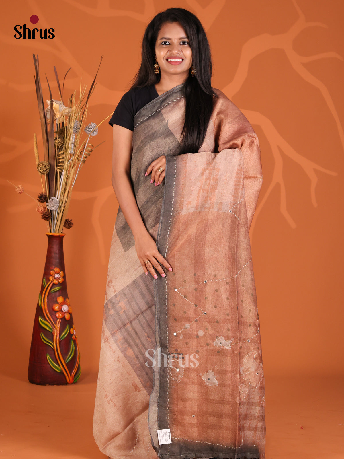 Dusty Brown & Black - Semi Tissue Print Saree