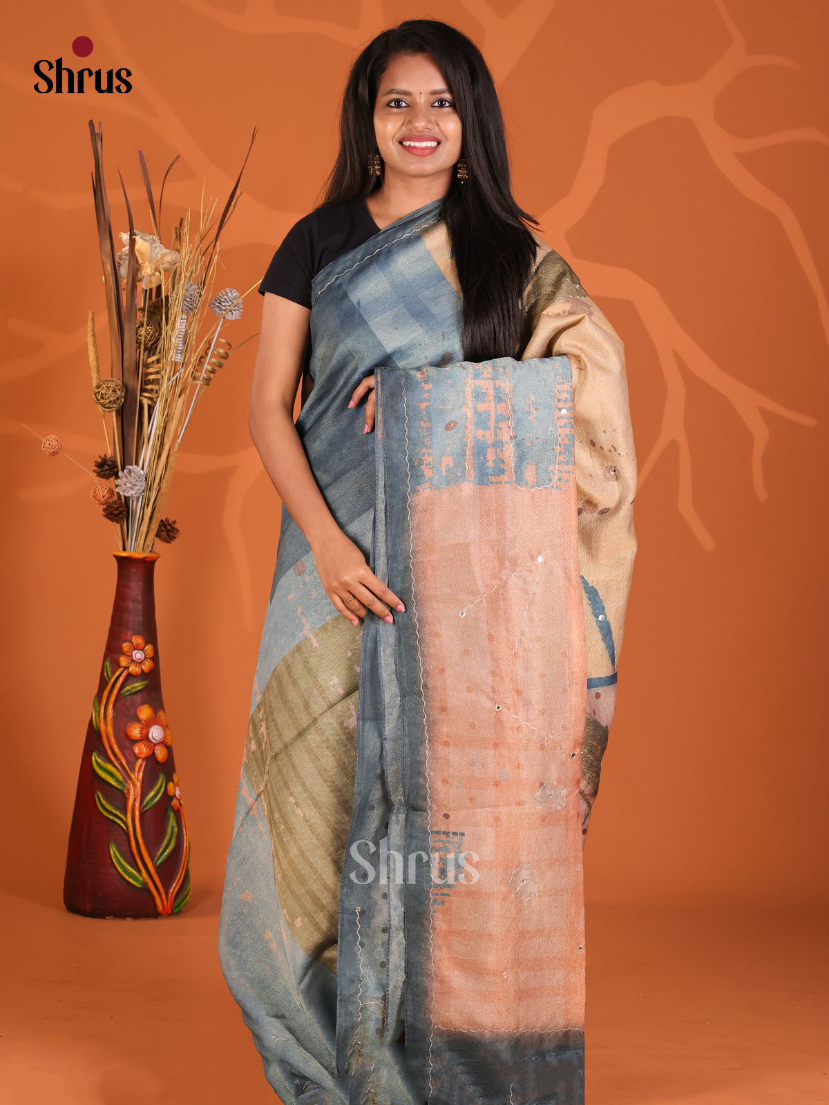 Grey & Peach- Semi Tissue Print Saree