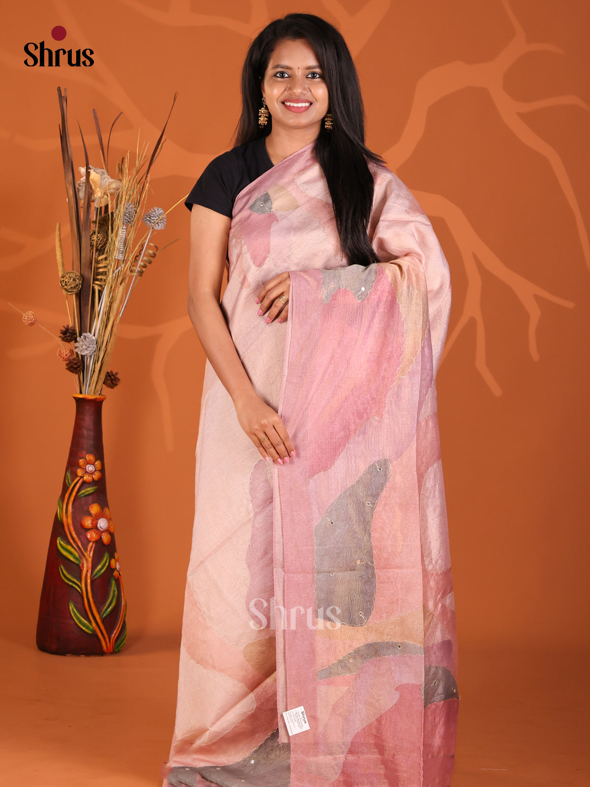 Pink - Semi Tissue Print Saree