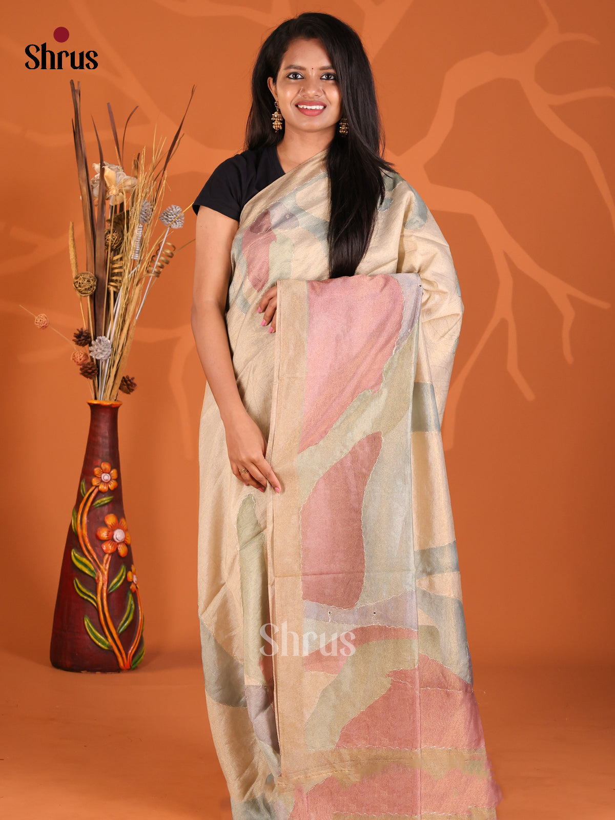 Cream & Brown - Semi Tissue Print Saree