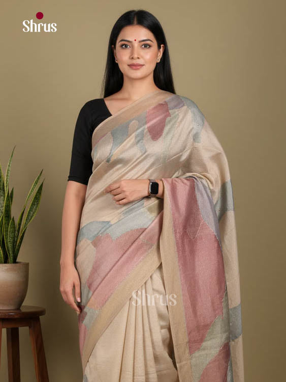 Cream & Brown - Semi Tissue Print Saree