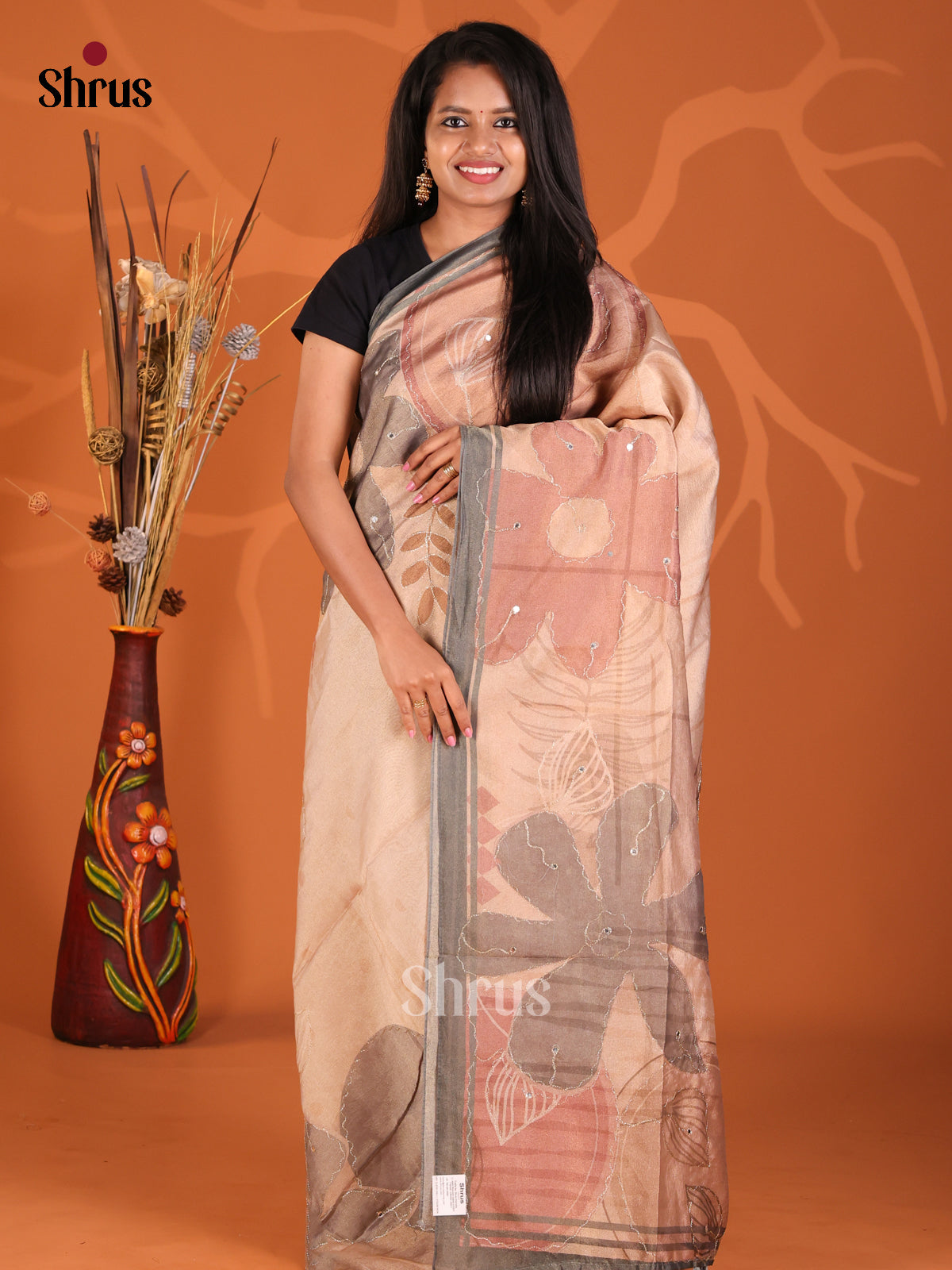 Peach & Grey - Semi Tissue Print Saree