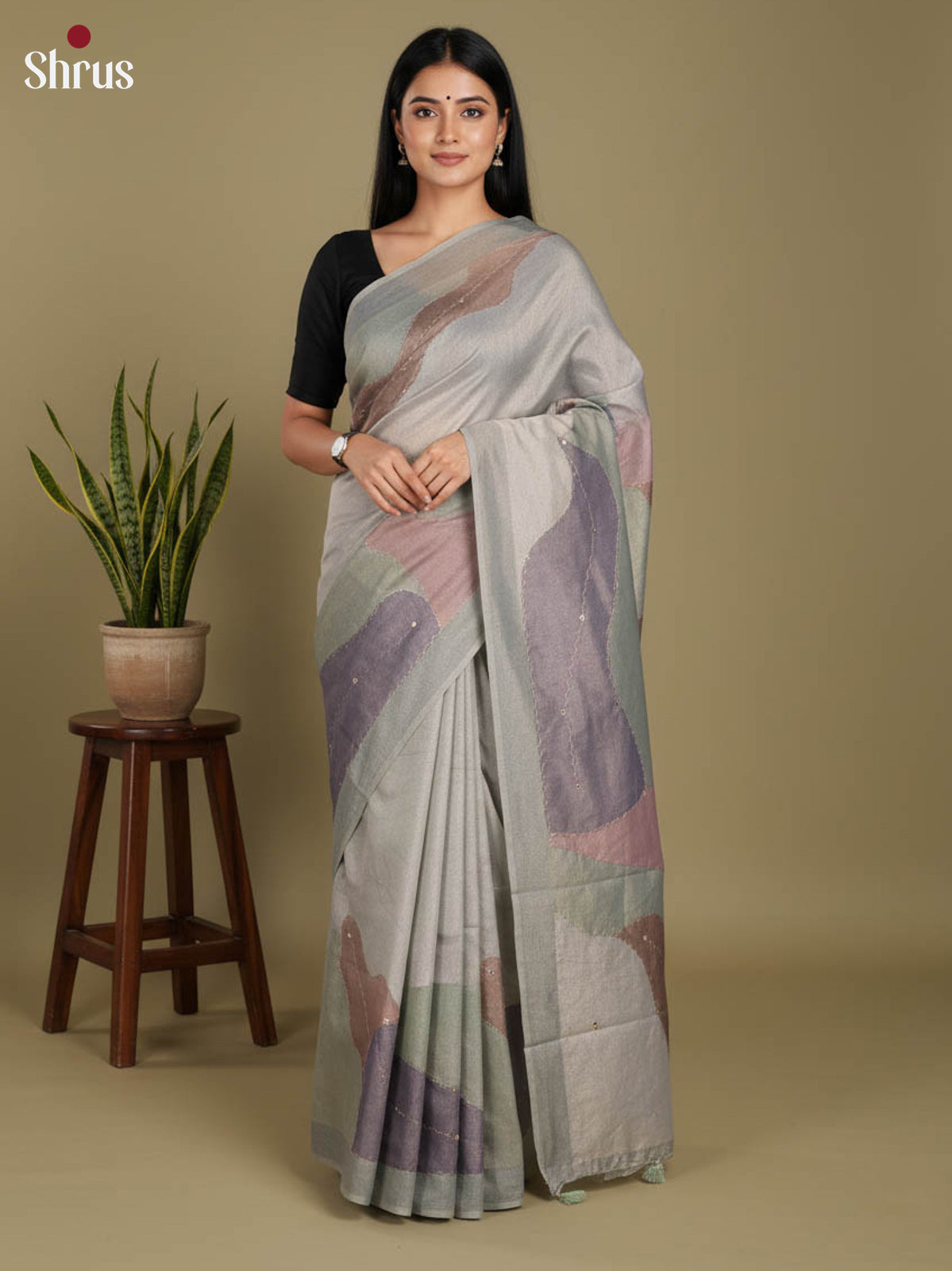 Grey - Semi Tissue Print Saree