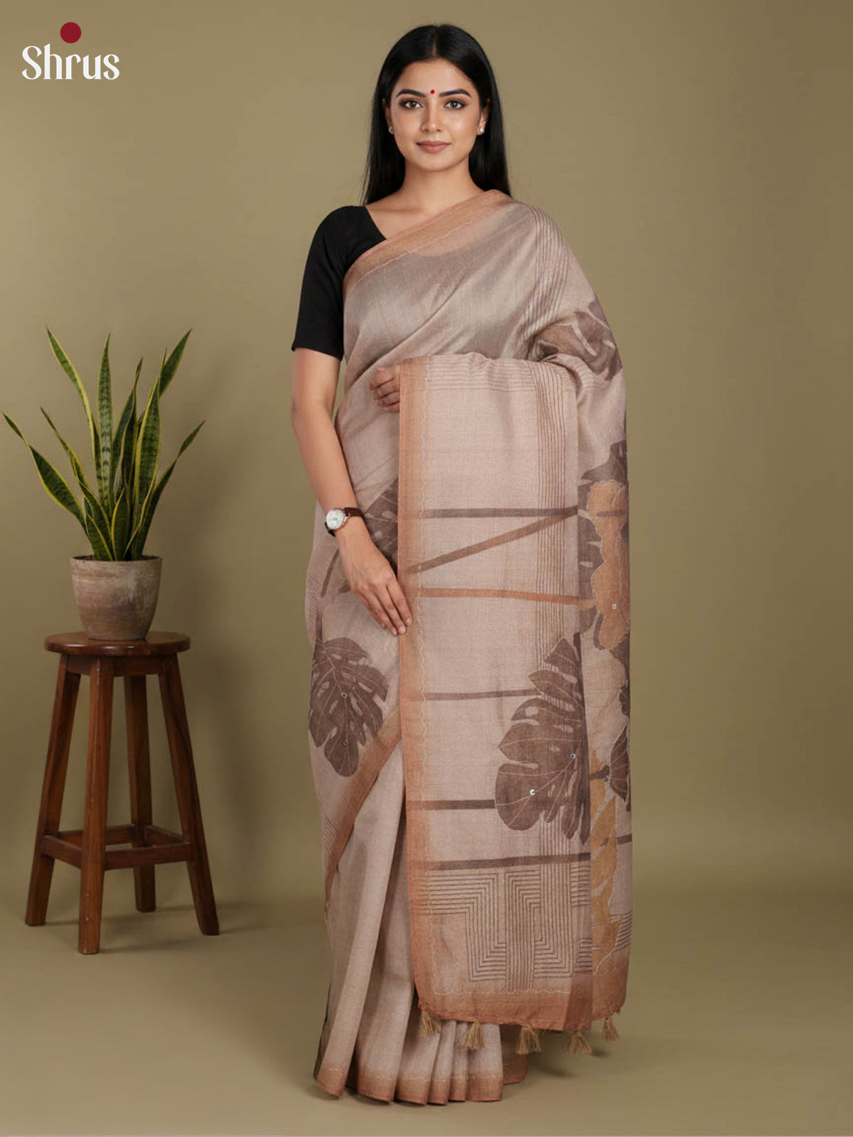 Grey & Brown - Semi Tissue Print Saree