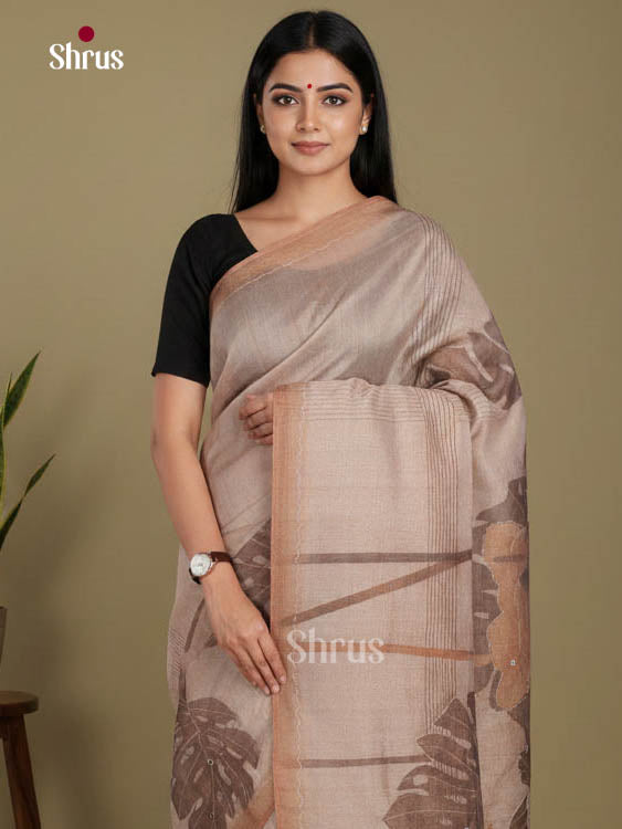 Grey & Brown - Semi Tissue Print Saree