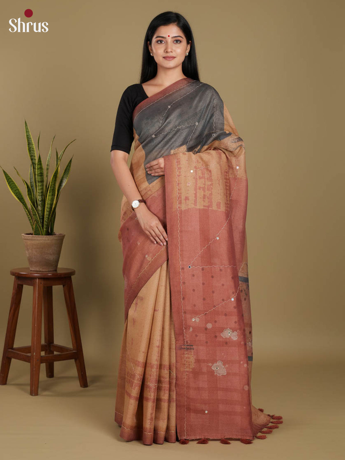 Brown & Onion Peel - Semi Tissue Print Saree