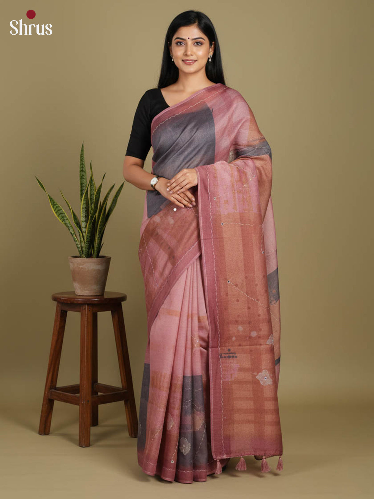 Onion Pink - Semi Tissue print Saree