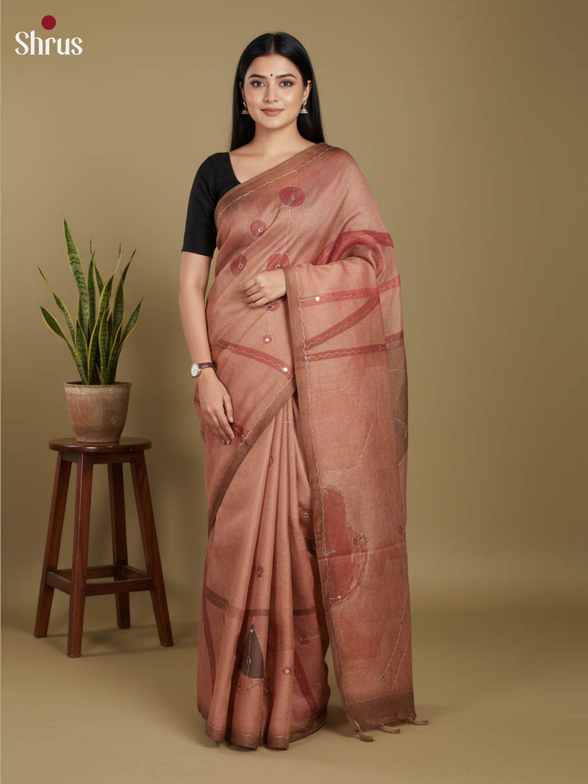 Brown - Semi Tissue Print Saree