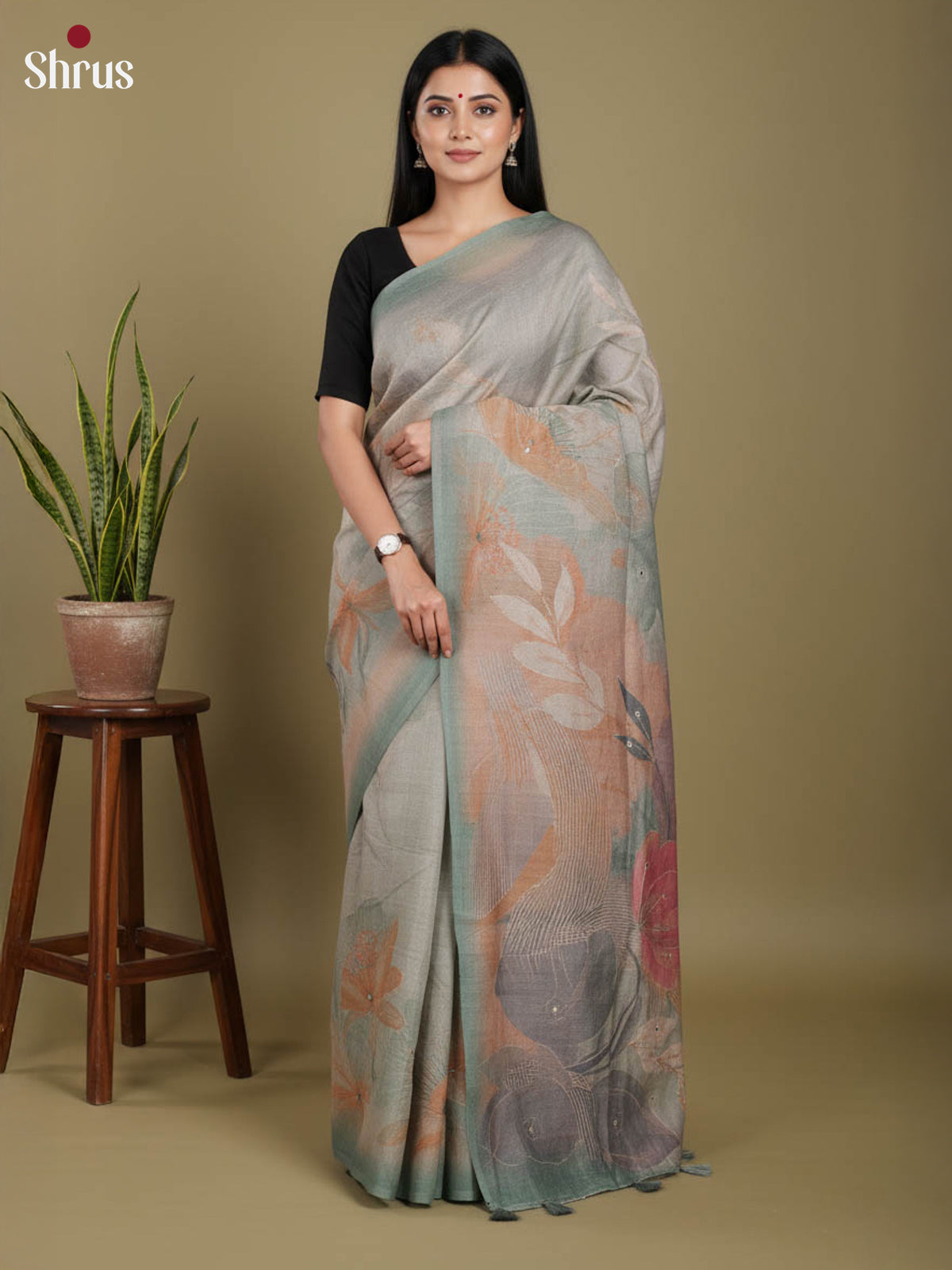 Grey Green - Semi Tissue Print Saree