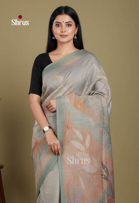 Grey Green - Semi Tissue Print Saree