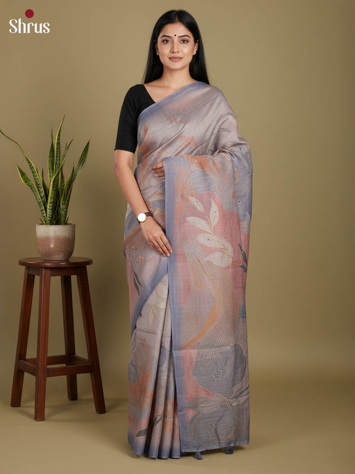 Greyish Blue - Semi Tissue Print Saree