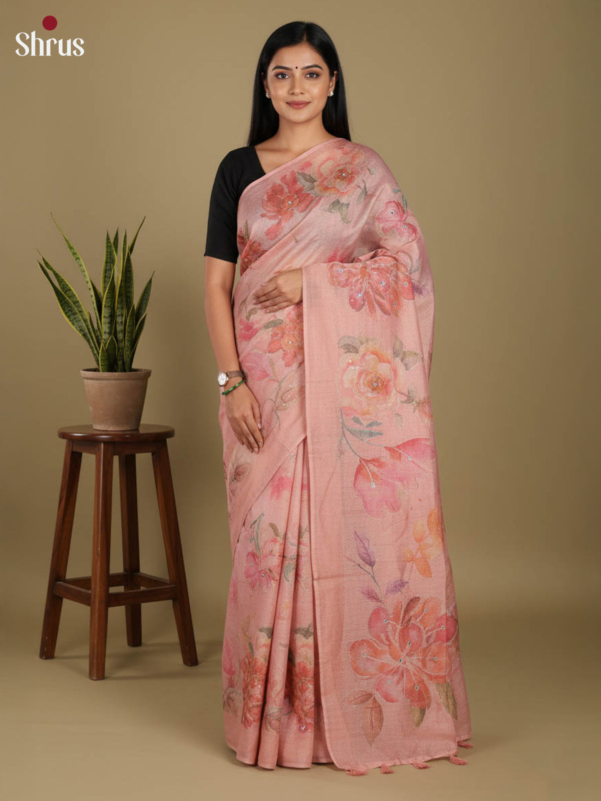 Onion pink - Semi Tissue Print Saree