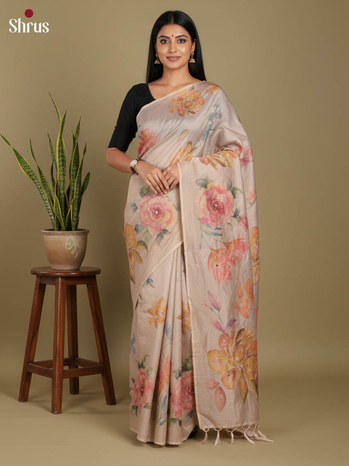 Grey - Semi Tissue print Saree