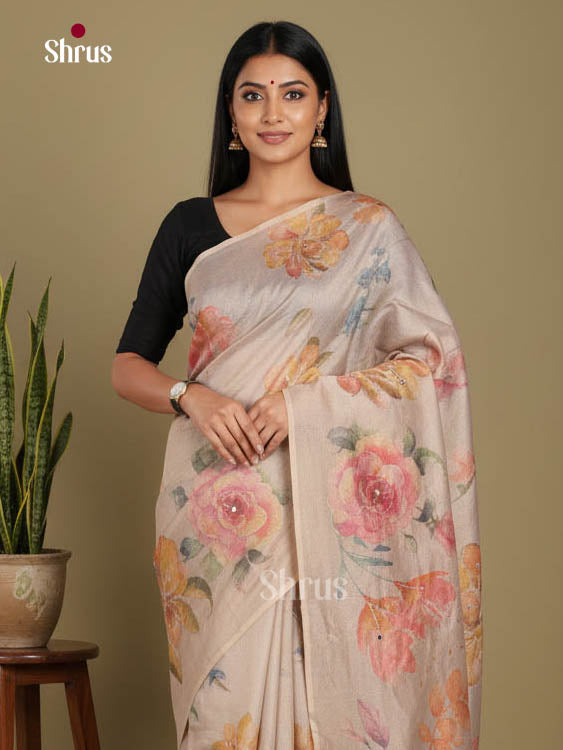 Grey - Semi Tissue print Saree