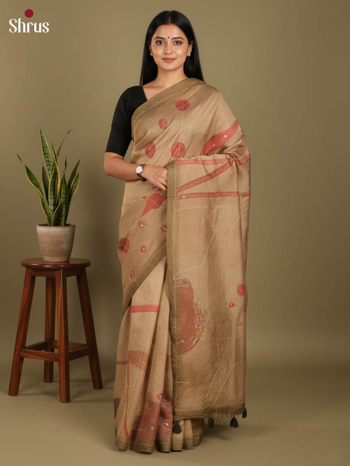 Light Brown & Green - Semi Tissue Print saree
