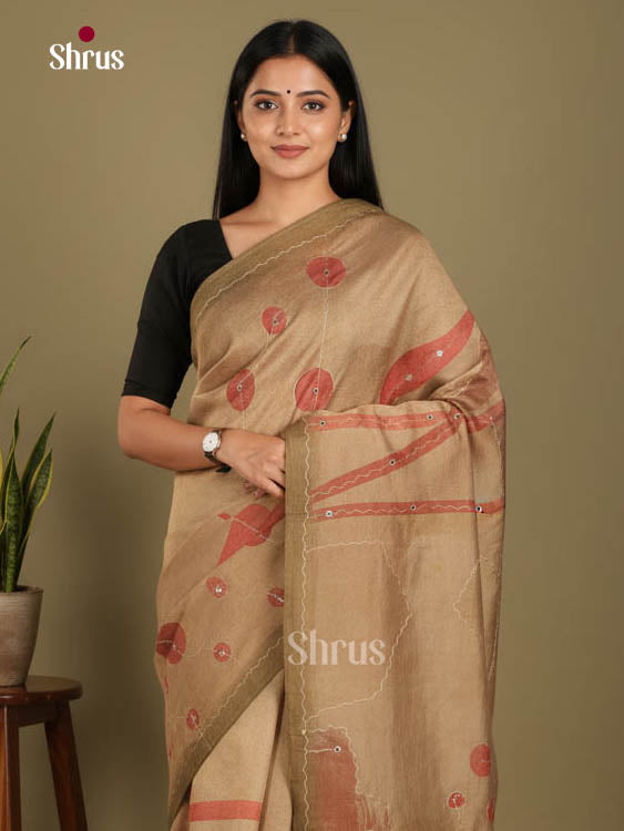 Light Brown & Green - Semi Tissue Print saree