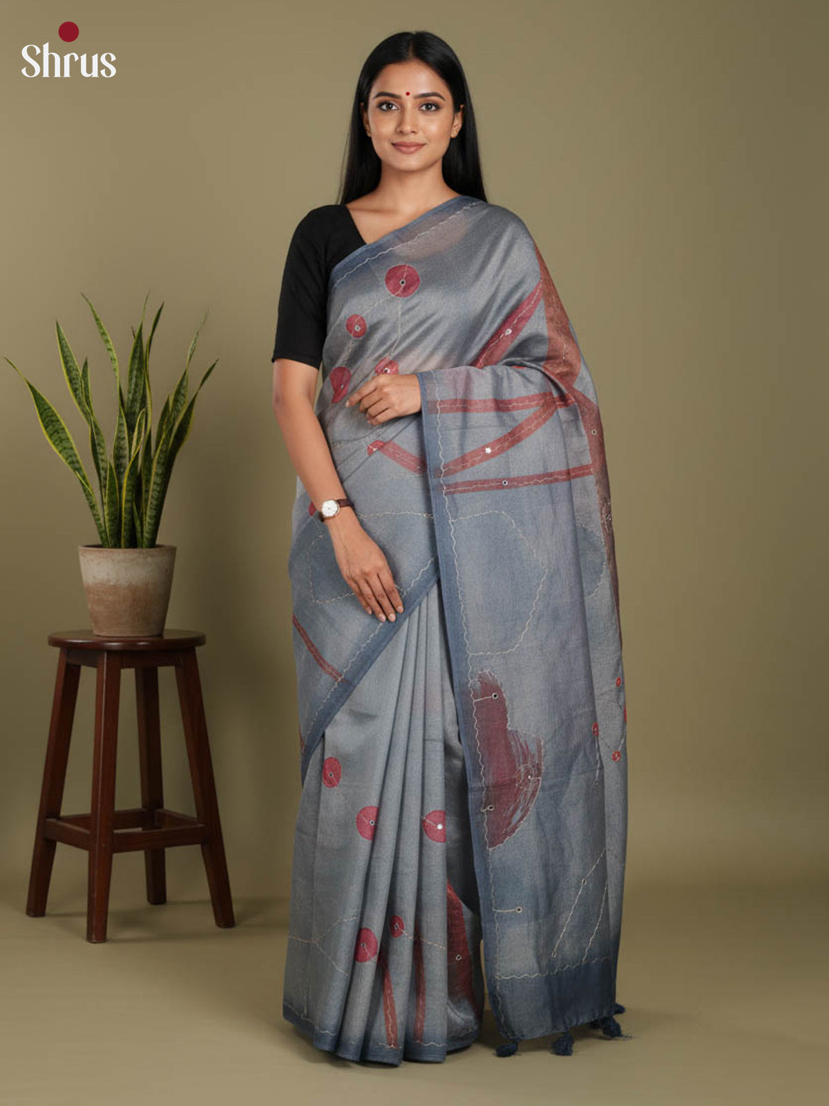 Grey - Semi Tissue Print Saree
