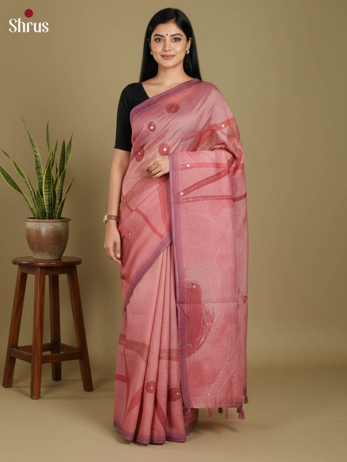 Onion Pink - Semi Tissue Print Saree