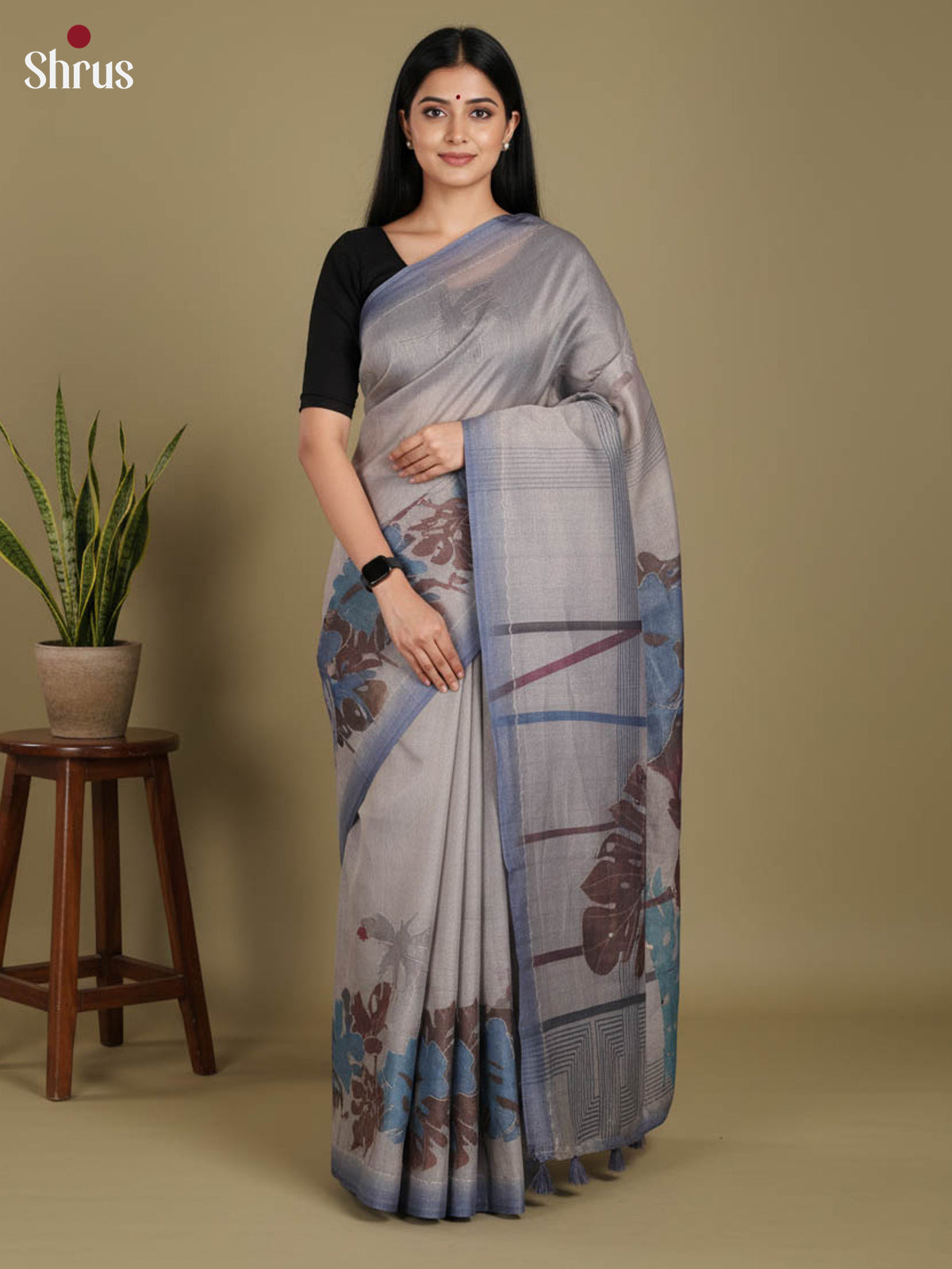 Blue - Semi Tissue print Saree
