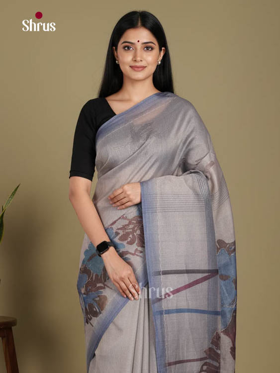 Blue - Semi Tissue print Saree