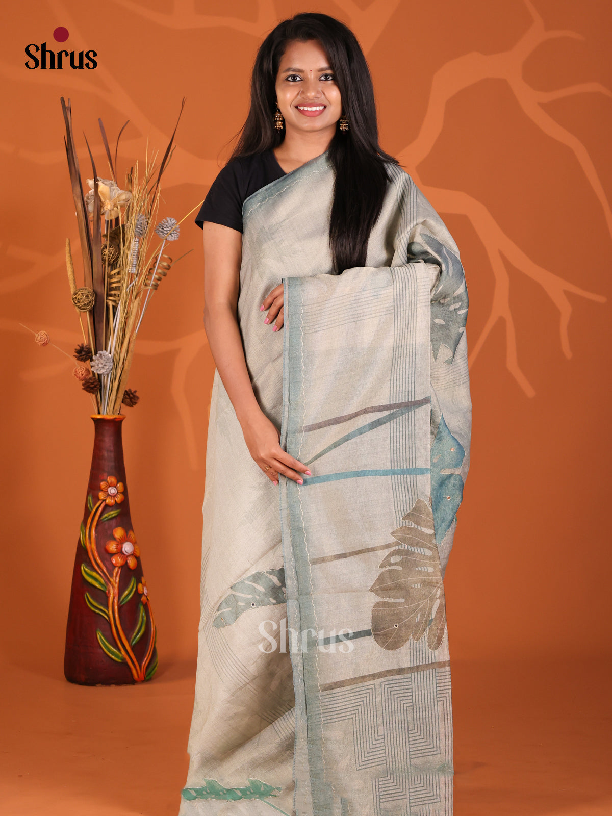 Grey & Blue - Semi Tissue Print Saree