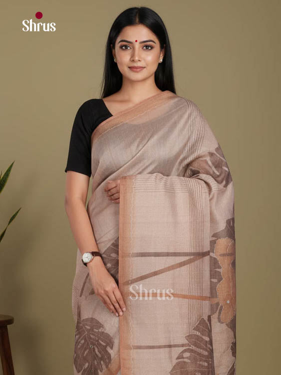 Grey & Brown - Semi Tissue Print Saree