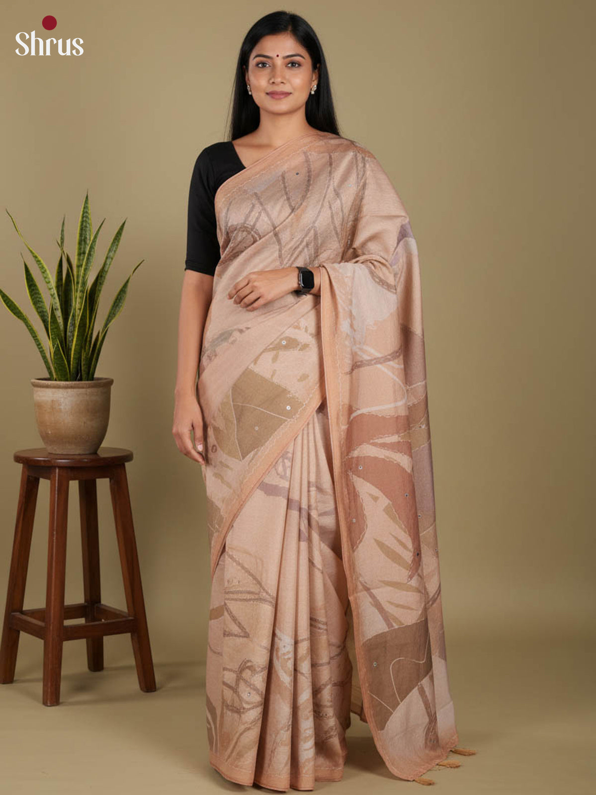 Grey & Brown - Semi Tissue Print Saree