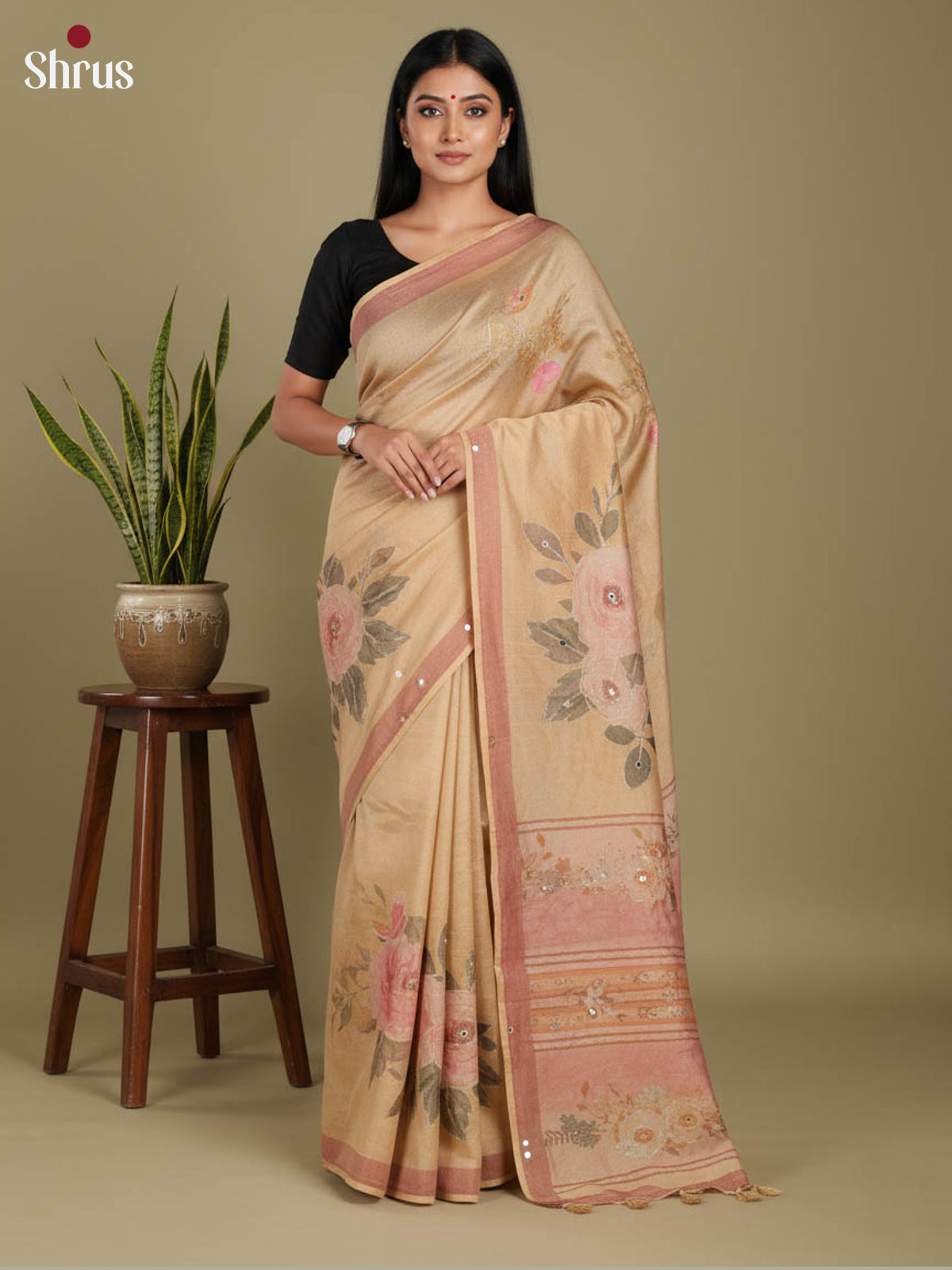 Light Brown - Semi Tissue print saree