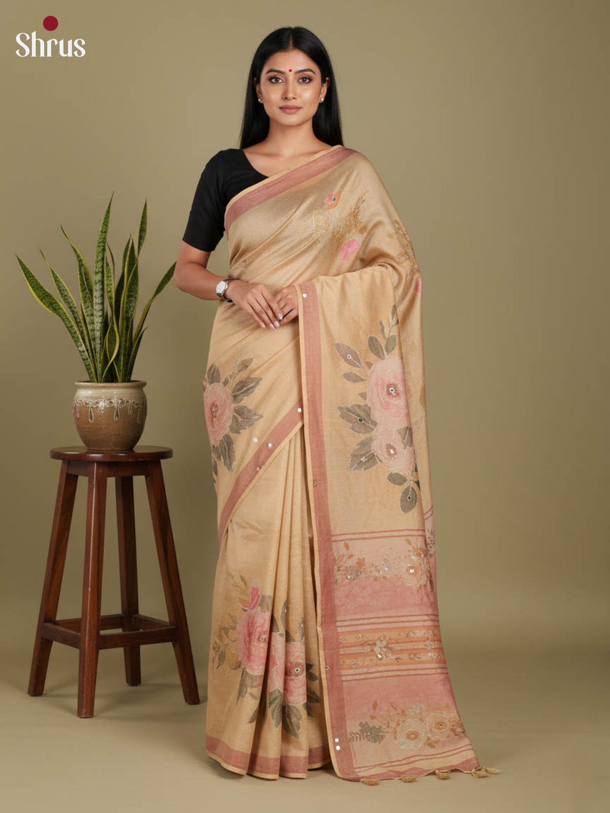 Light Brown - Semi tissue print saree