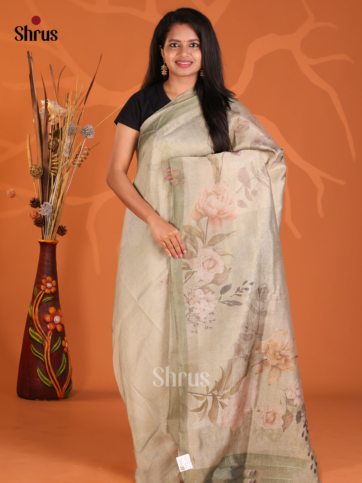 Grey Green - Semi Tissue Print Saree