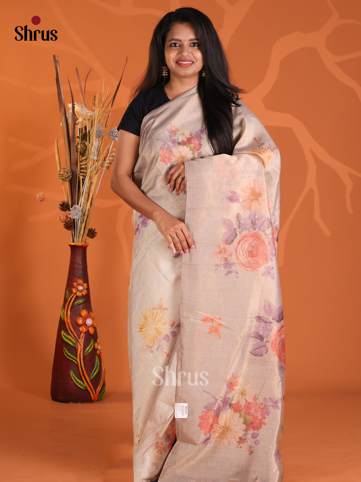 Grey - Semi Tissue Print Saree