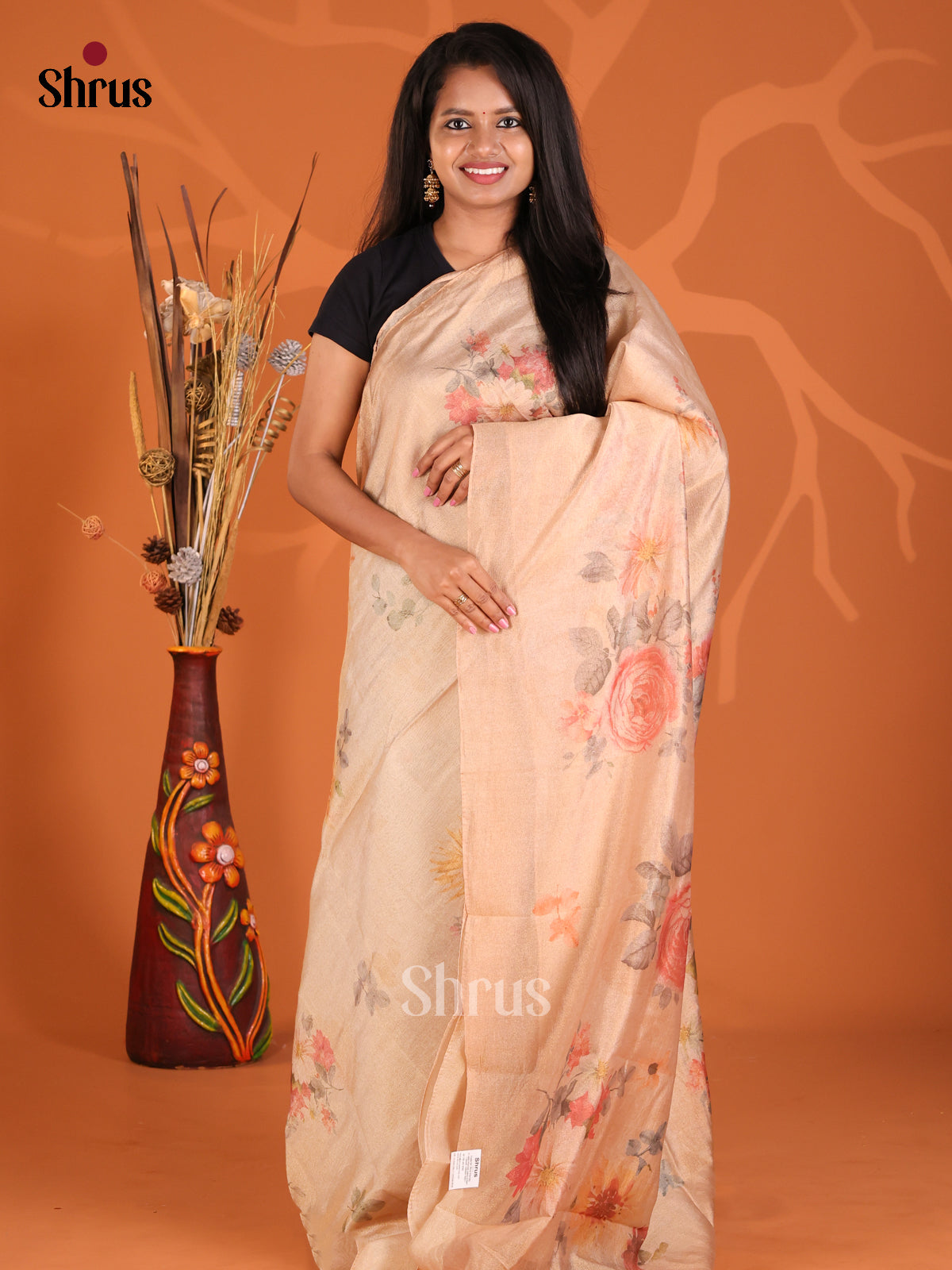 Peach - Semi Tissue Print Saree