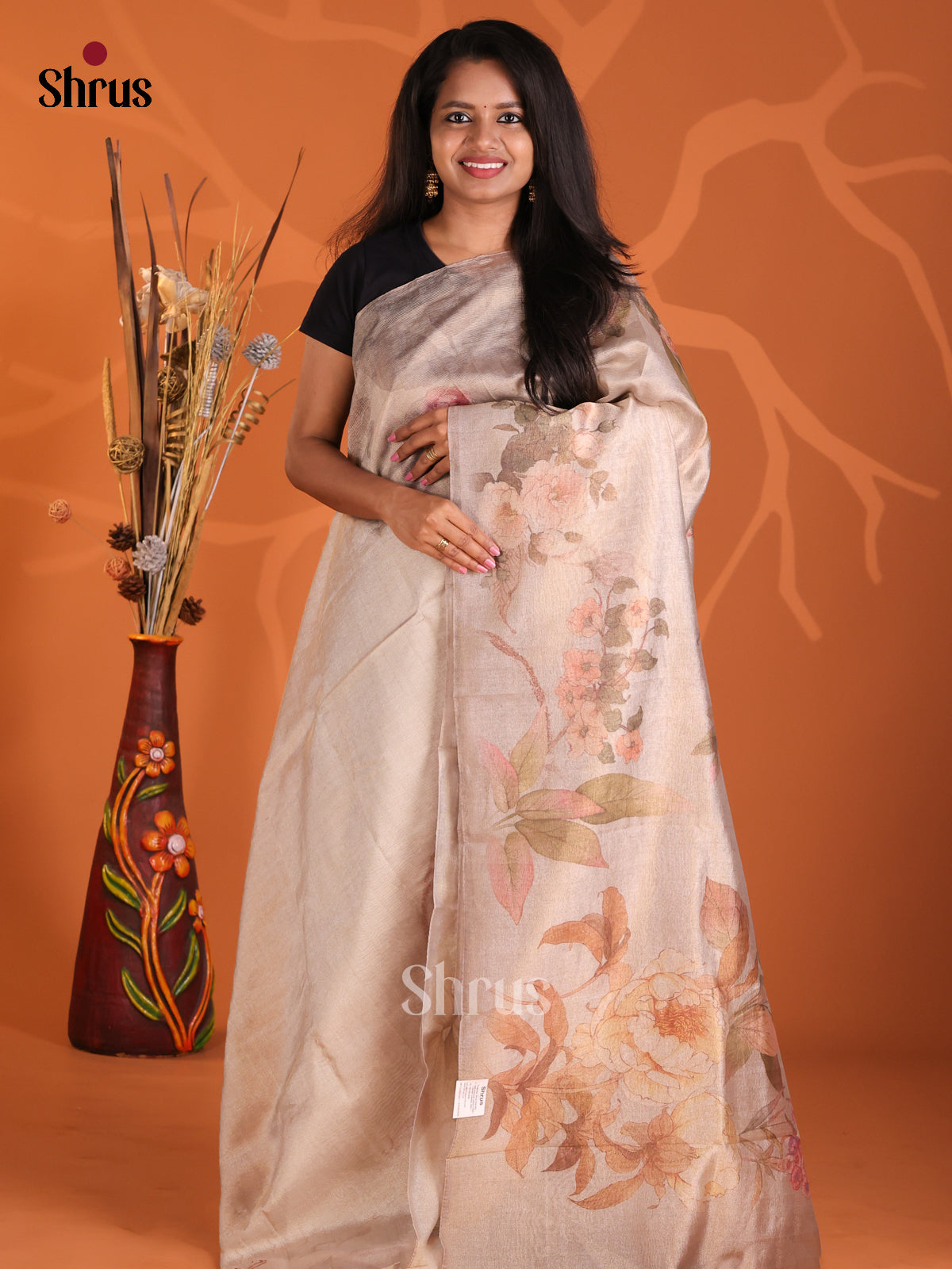 Grey - Semi Tissue Print Saree