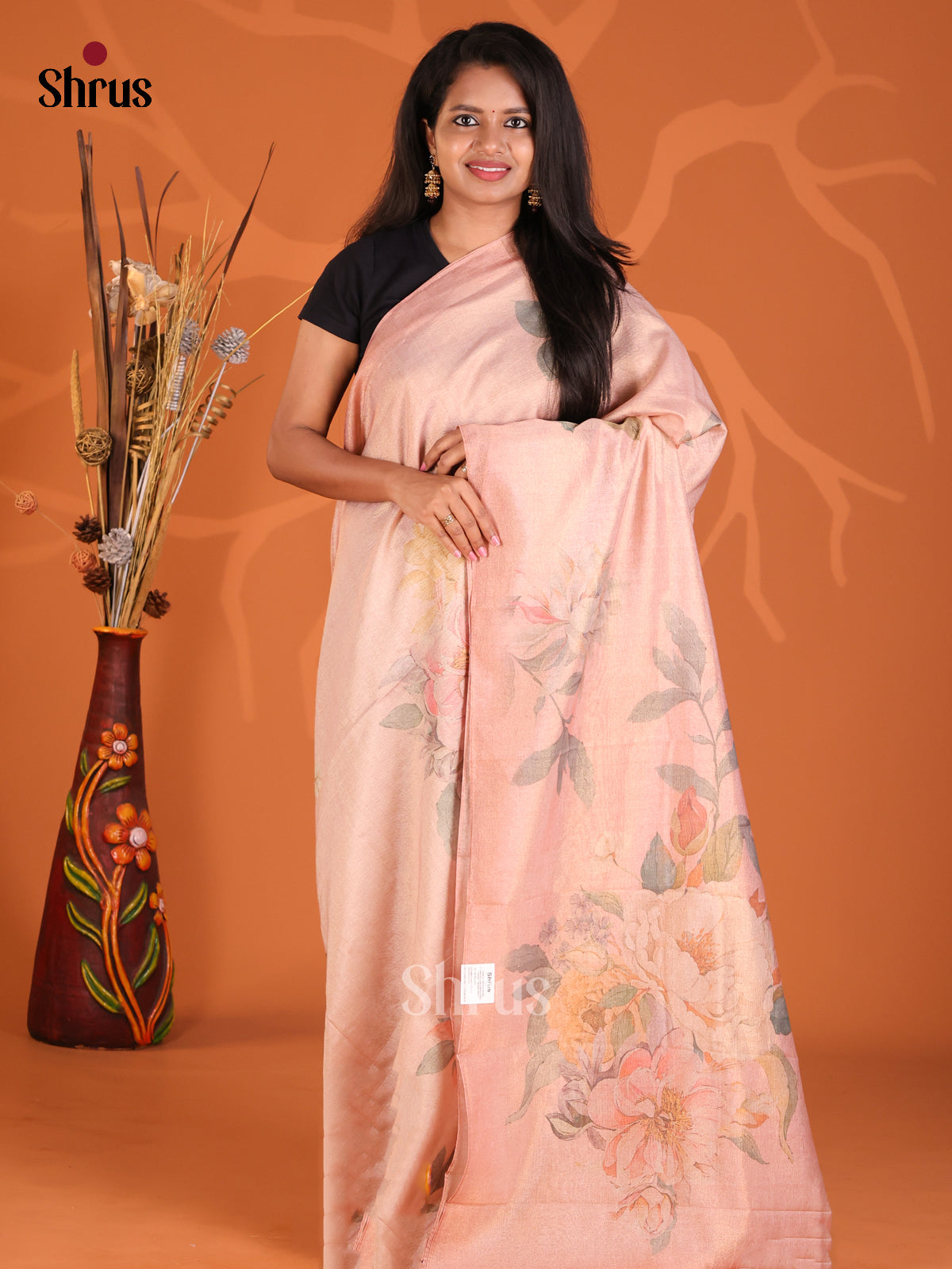 Pink - Semi Tissue Print Saree