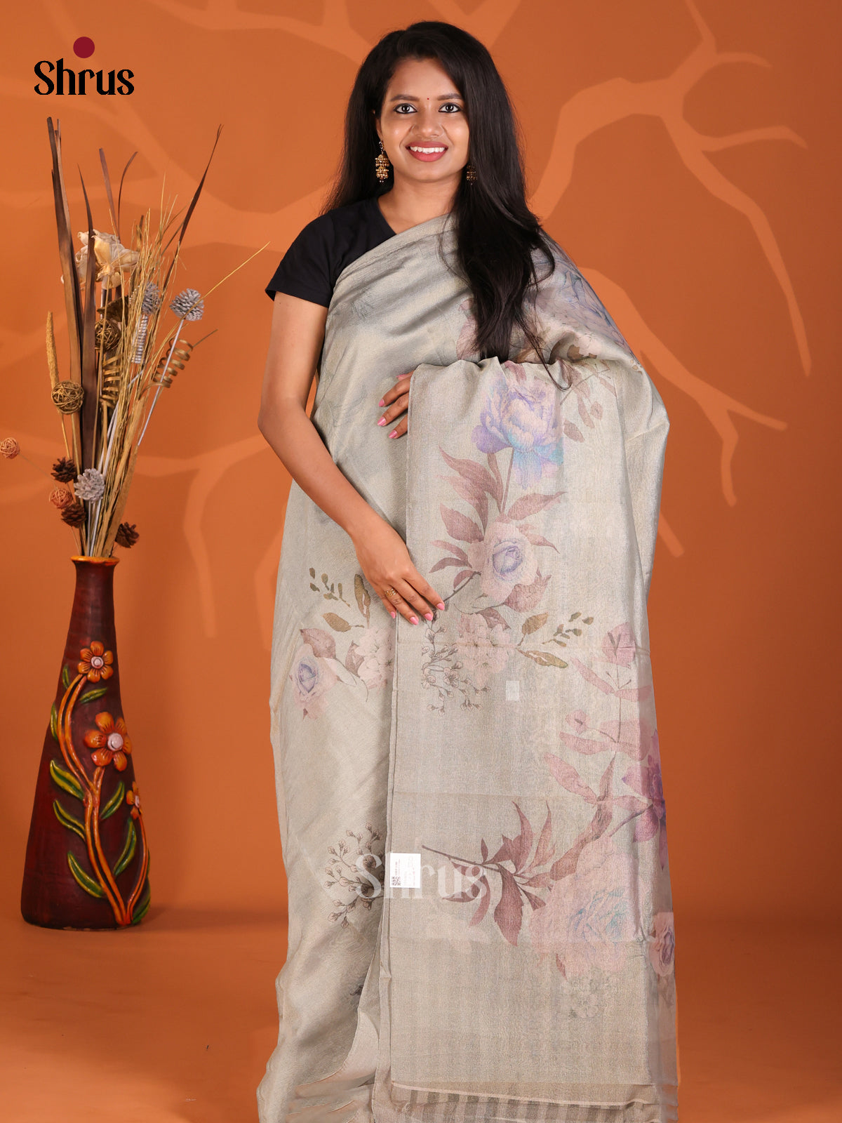 Grey - Semi Tissue Print Saree