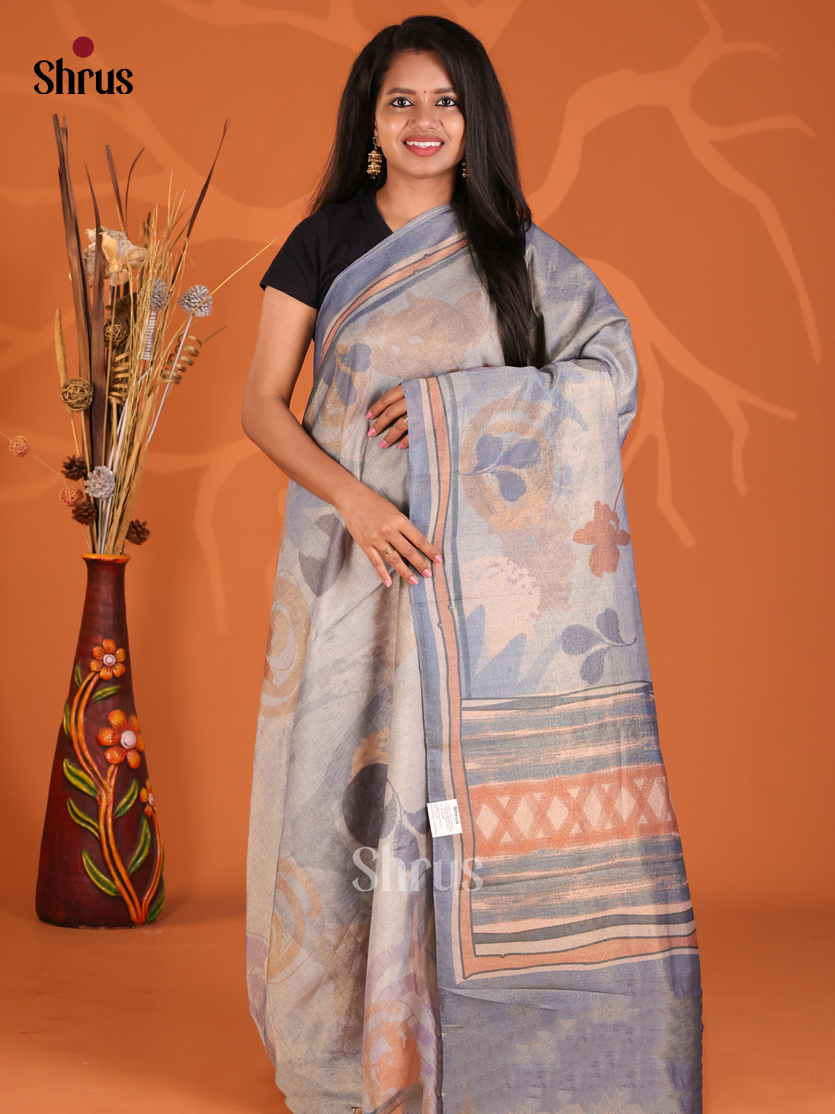 Grey & Blue - Semi Tissue Print Saree