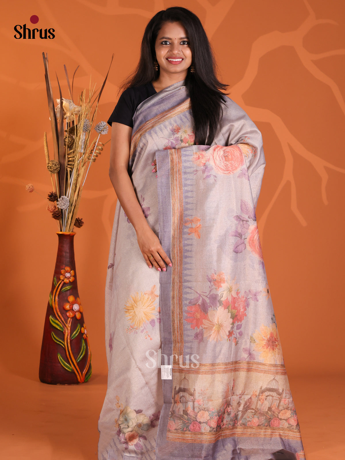 Grey & Mild Lavender - Semi Tissue Print Saree