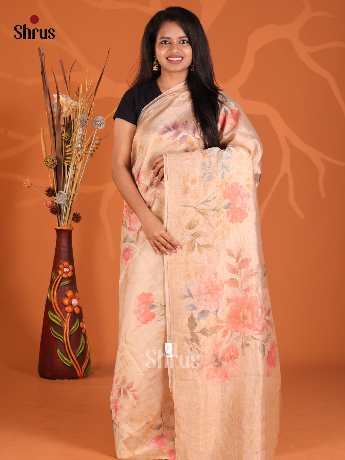 Peach - Semi Tissue Print Saree