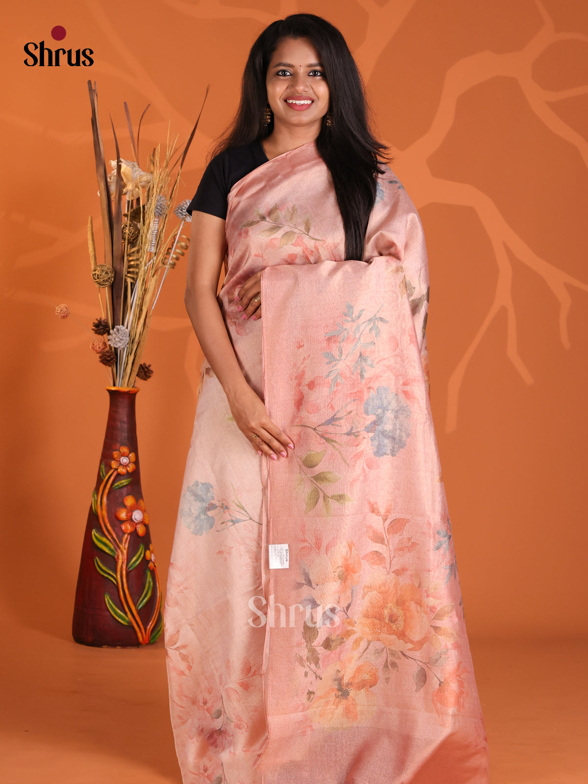 Pink - Semi Tissue Print Saree