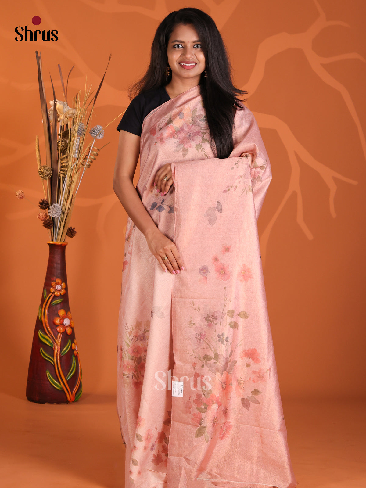 Pink - Semi Tissue Print Saree