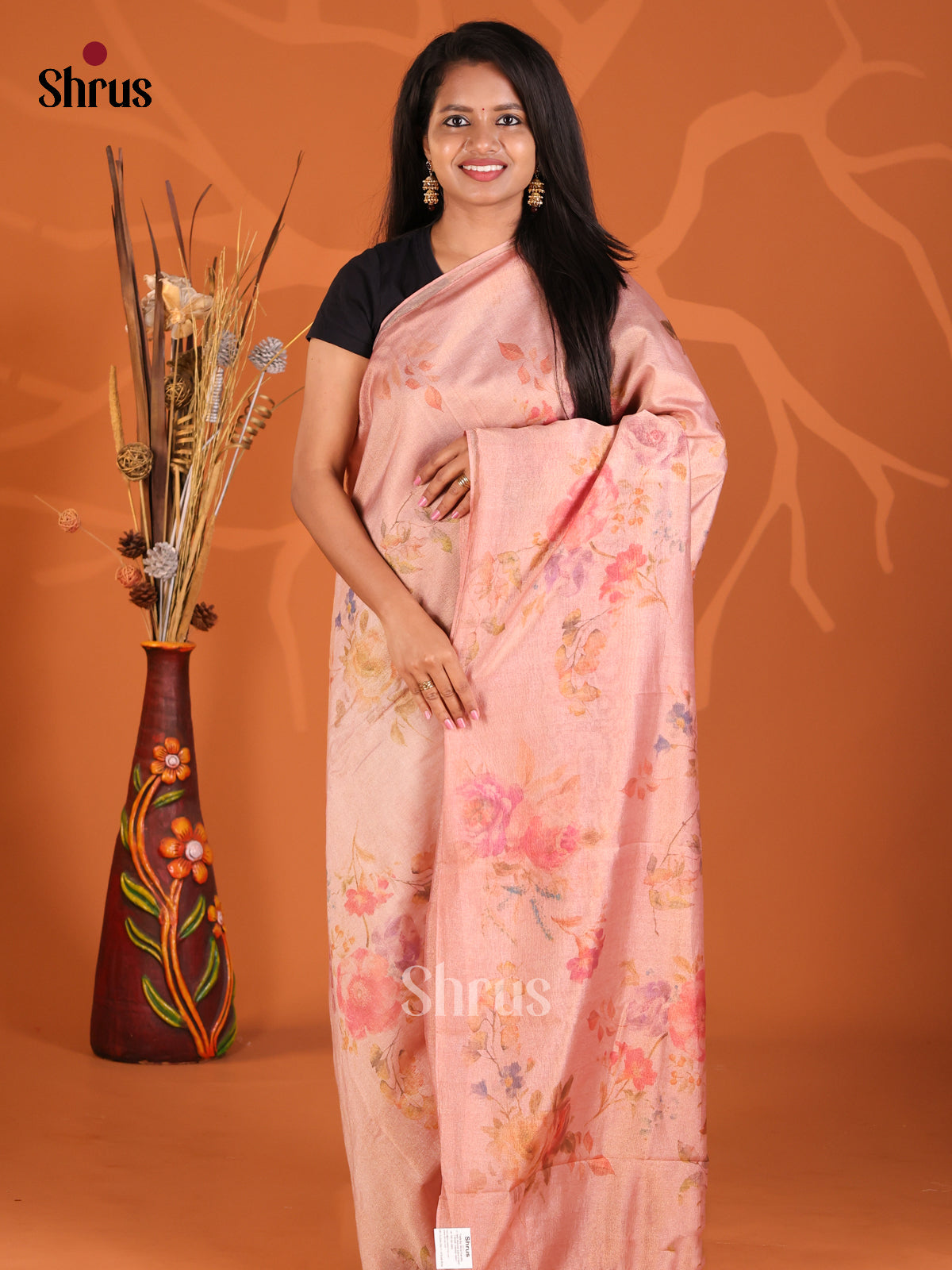 Pink - Semi Tissue Print Saree