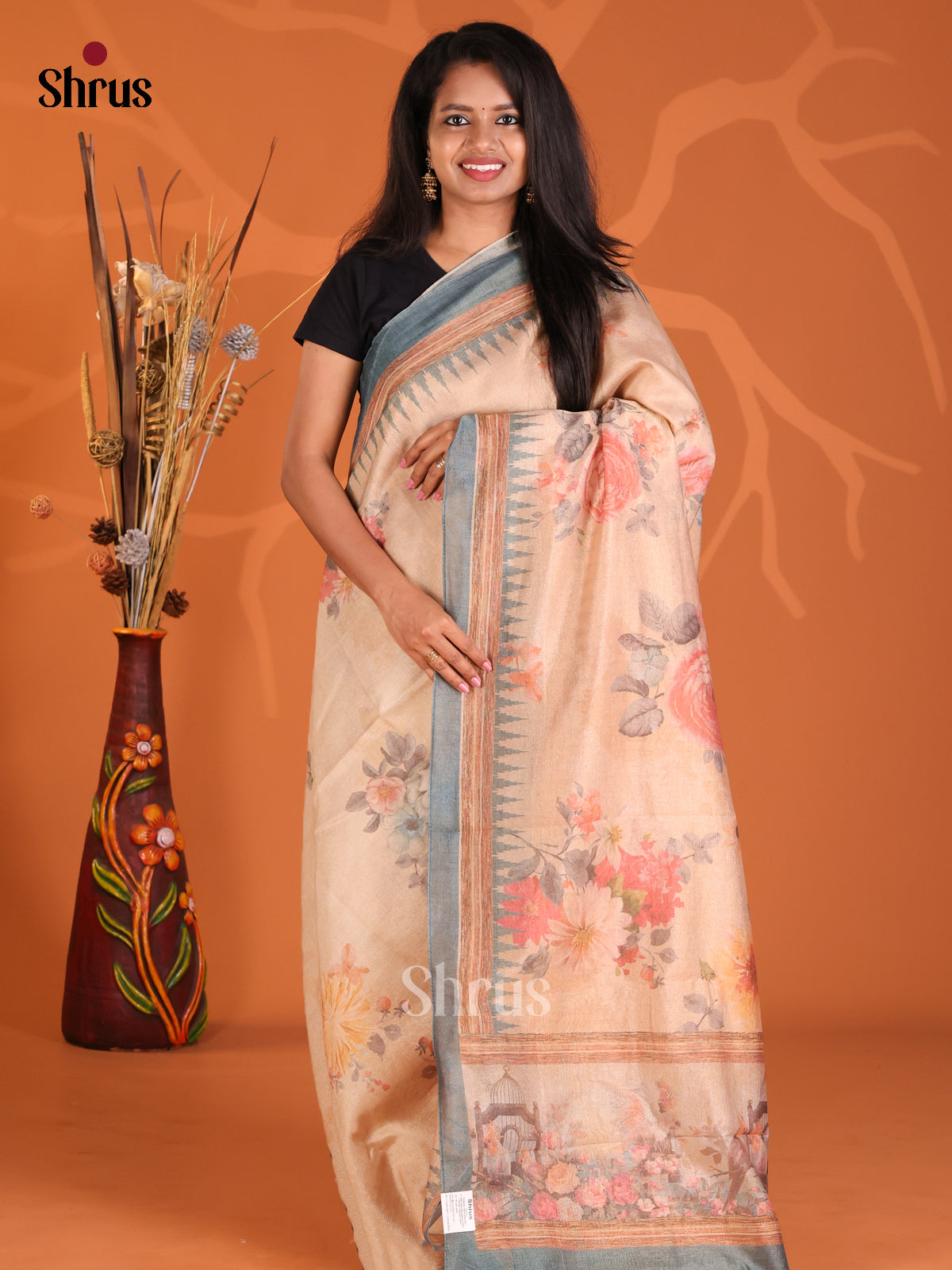 Peach & Grey- Semi Tissue Print Saree