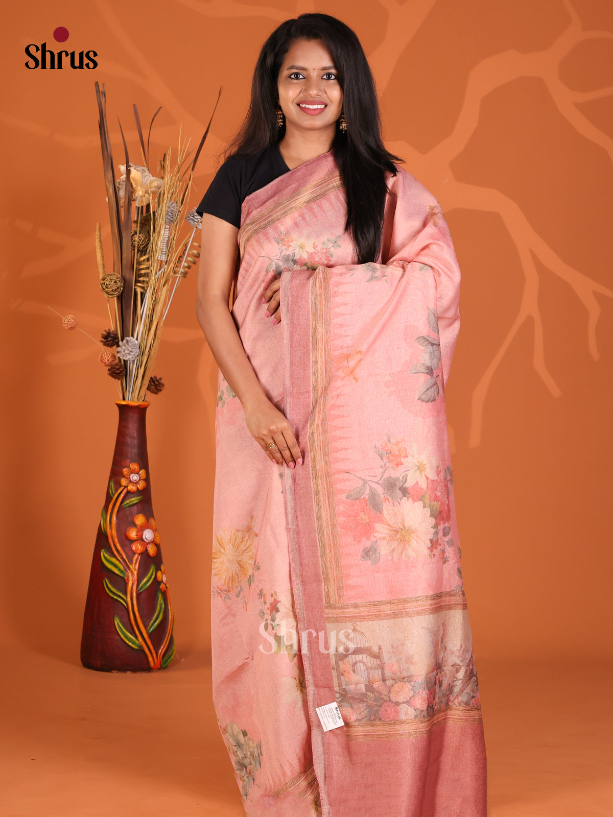 Pink- Semi Tissue Print Saree
