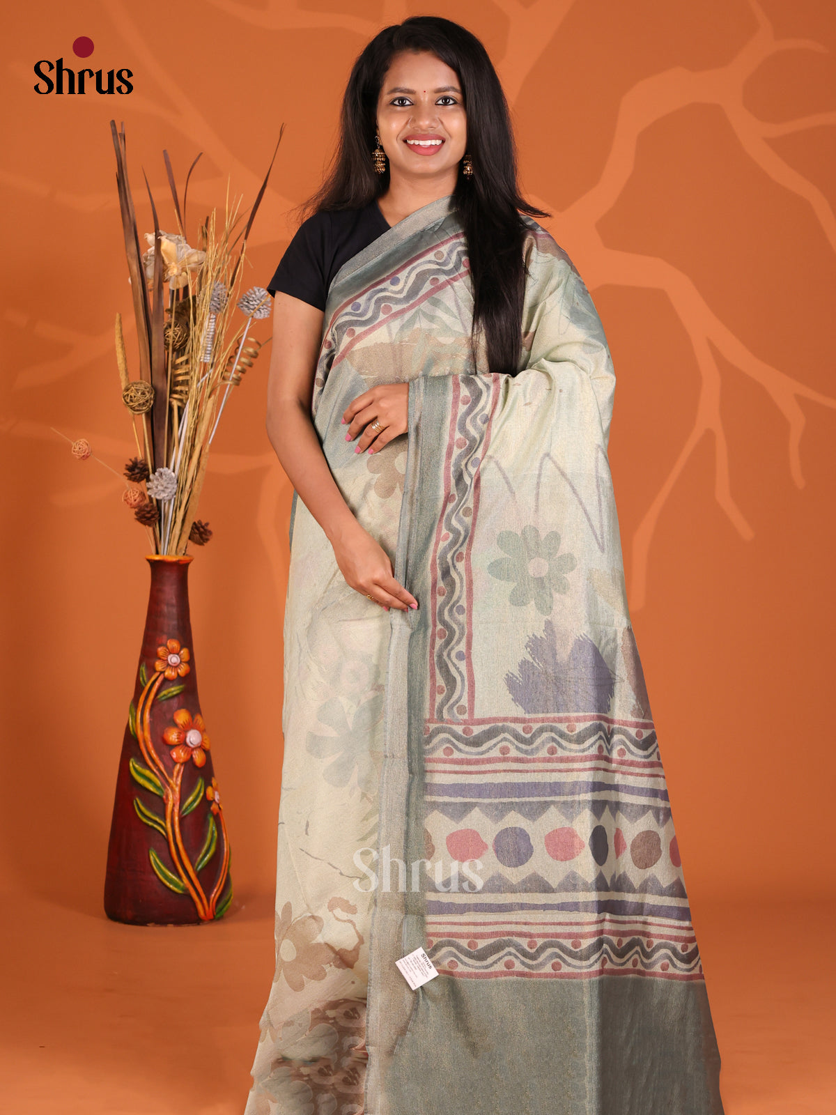 Grey Green - Semi Tissue Print Saree