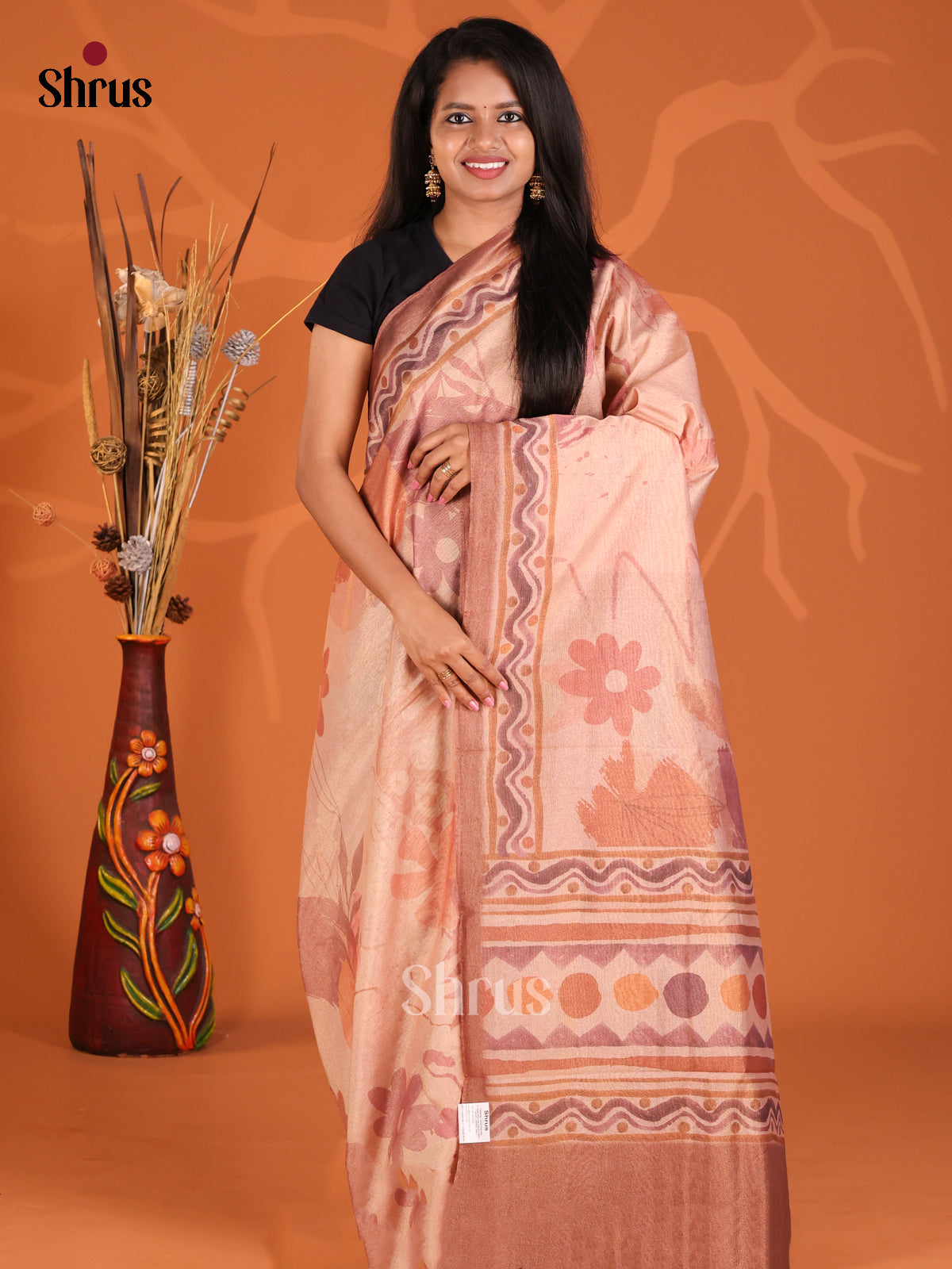 Dusty Pink & Brown - Semi Tissue Print Saree