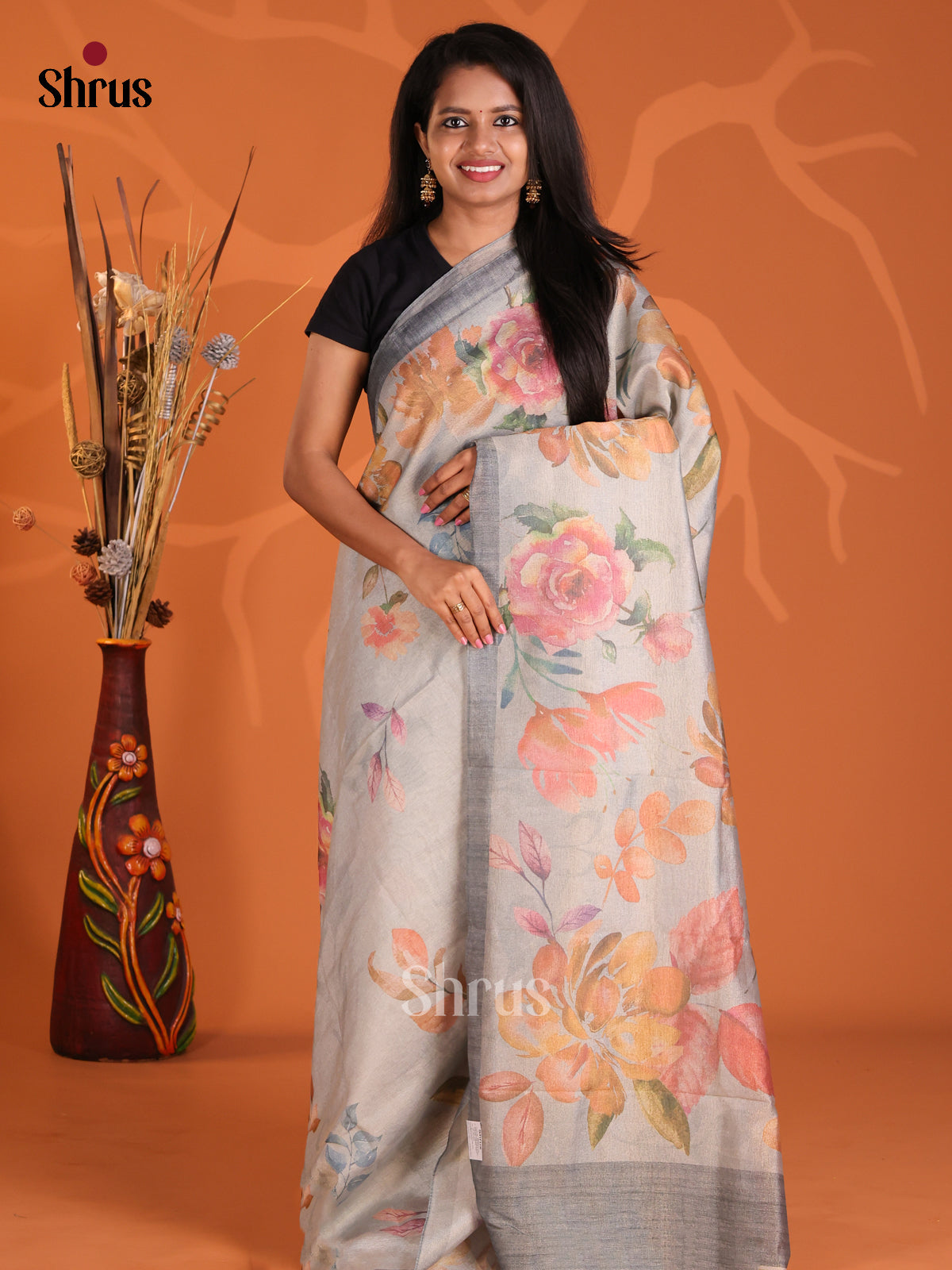 Grey - Semi Tissue Print Saree