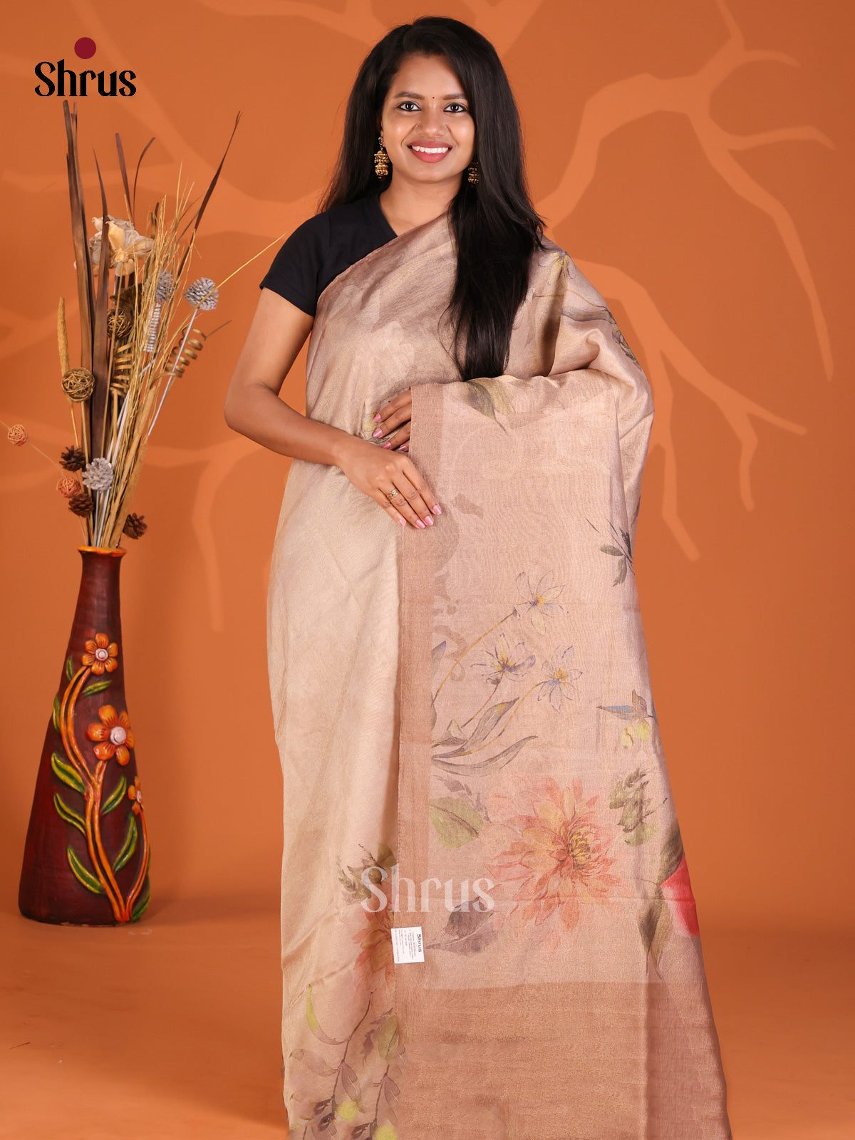 Dusty Brown - Semi Tissue Print Saree