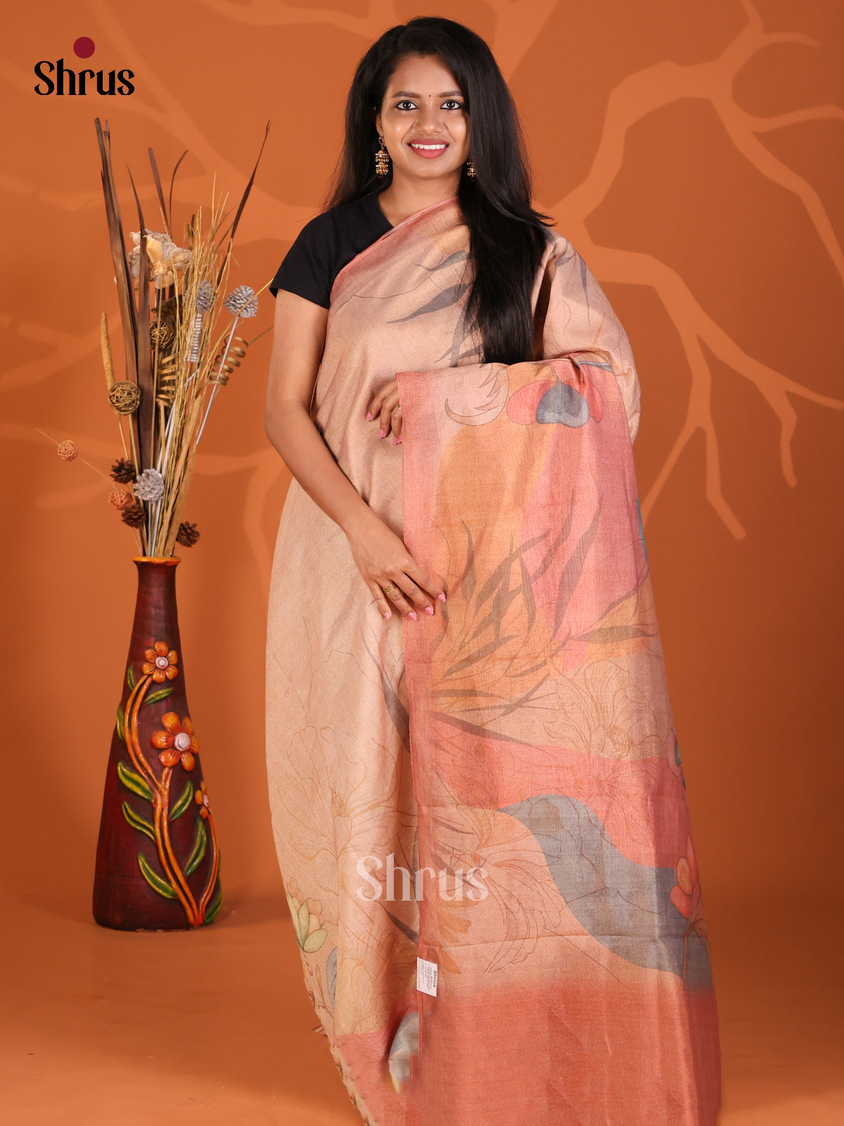 Peach - Semi Tissue Print Saree