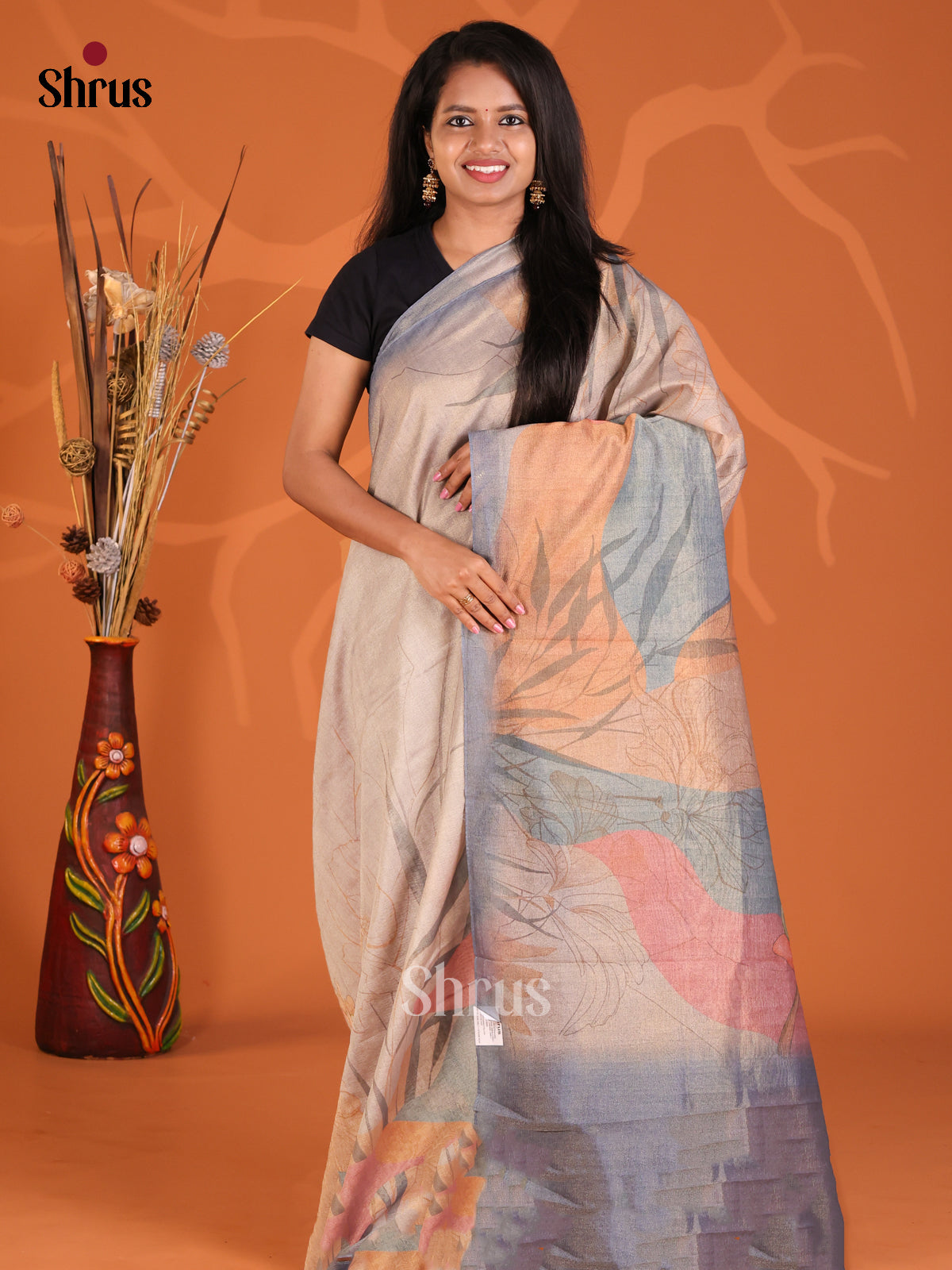 Grey & Blue - Semi Tissue Print Saree